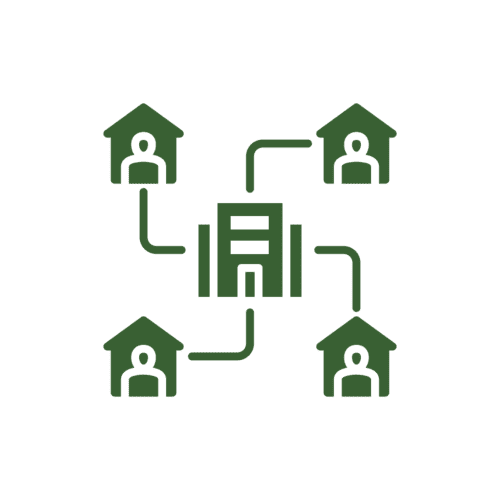 Remote work network with connected homes icon.