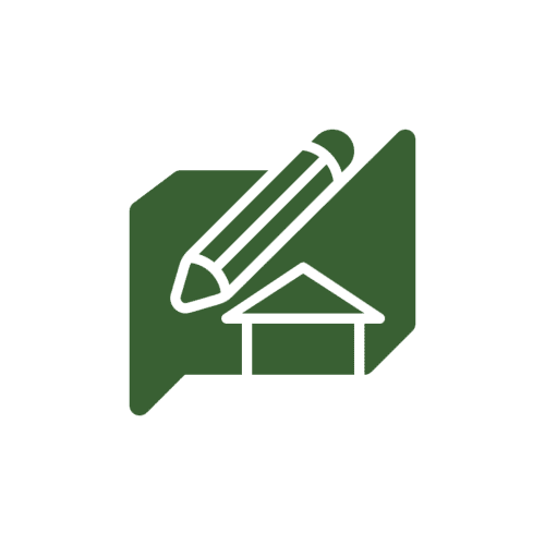 Green pencil and house icon on hexagon.