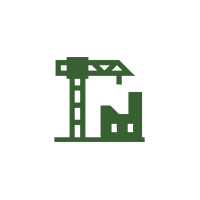 Green construction crane icon on white background.