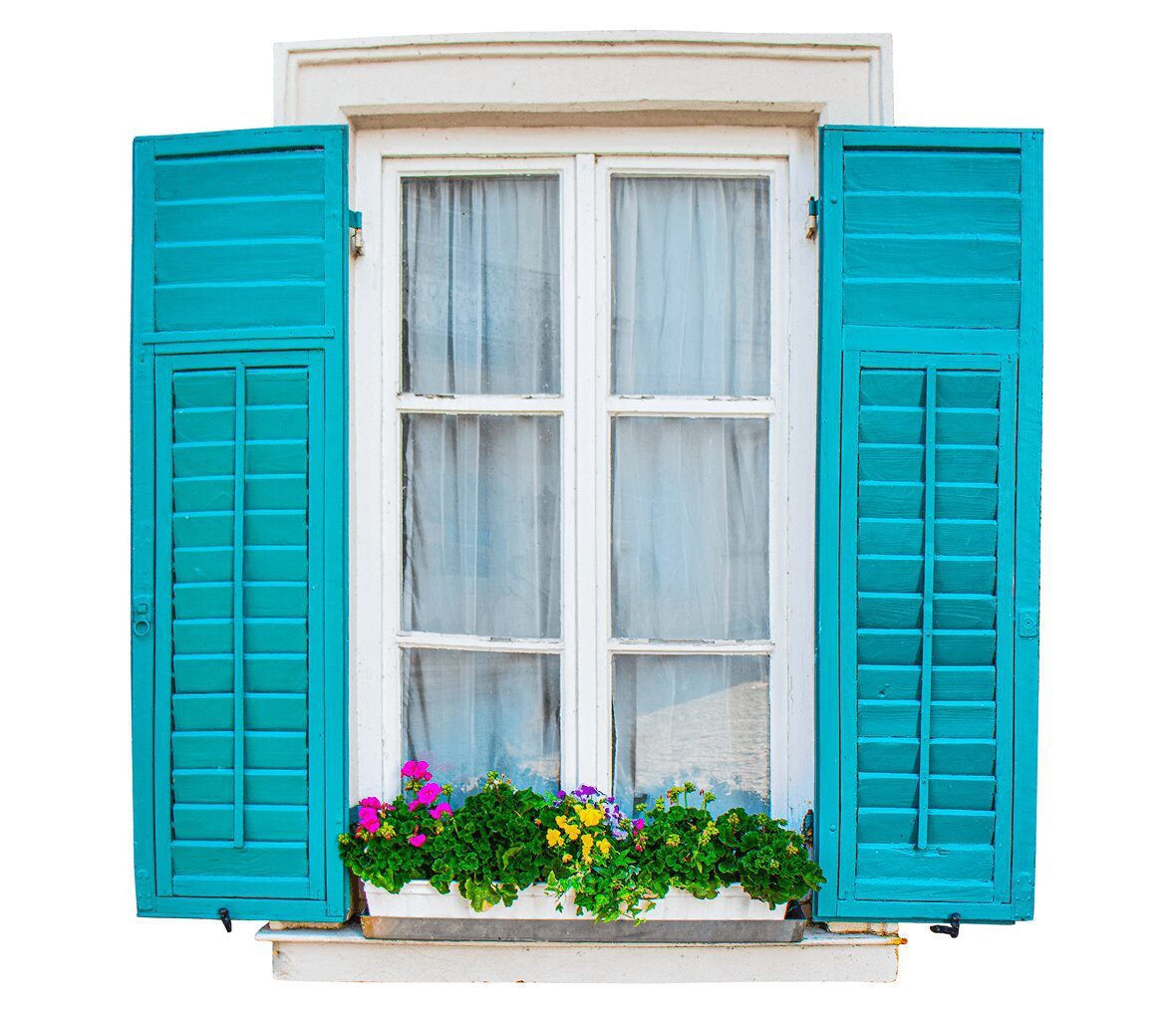Blue shutters and flowers on a window.