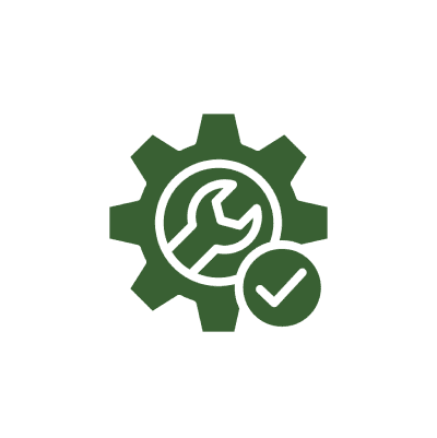 Green gear with wrench and check mark.