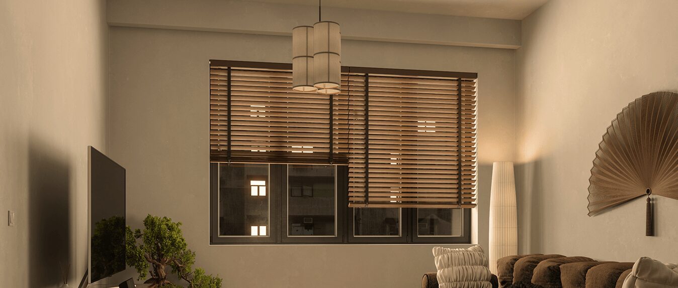 Cozy living room with window blinds.
