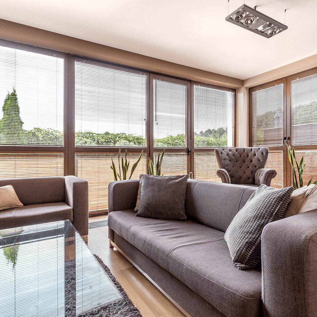 Modern living room with large windows.